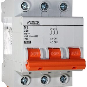 DISJUNTOR 3KA 3 PÓLOS/ TRIPOLAR CURVA C 25A - N3-3C25 - METALTEX