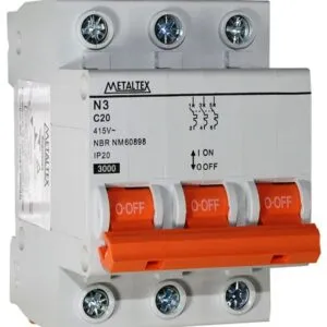 MINI DISJUNTOR 3KA 3 PÓLOS/ TRIPOLAR CURVA C 20A - N3-3C20 - METALTEX